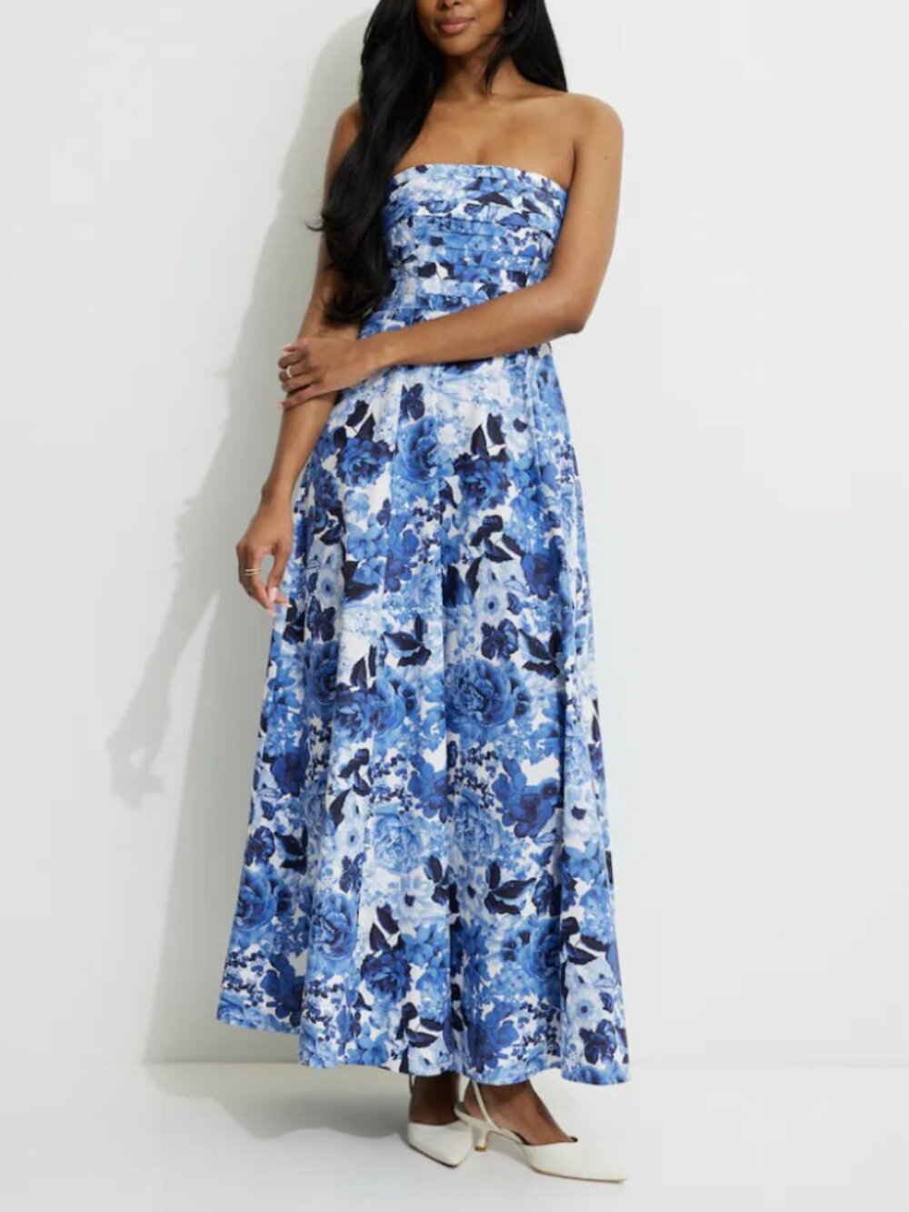 Dynamite Blue Floral Poplin Maxi Dress | Strapless Fit & Flare | Size Small